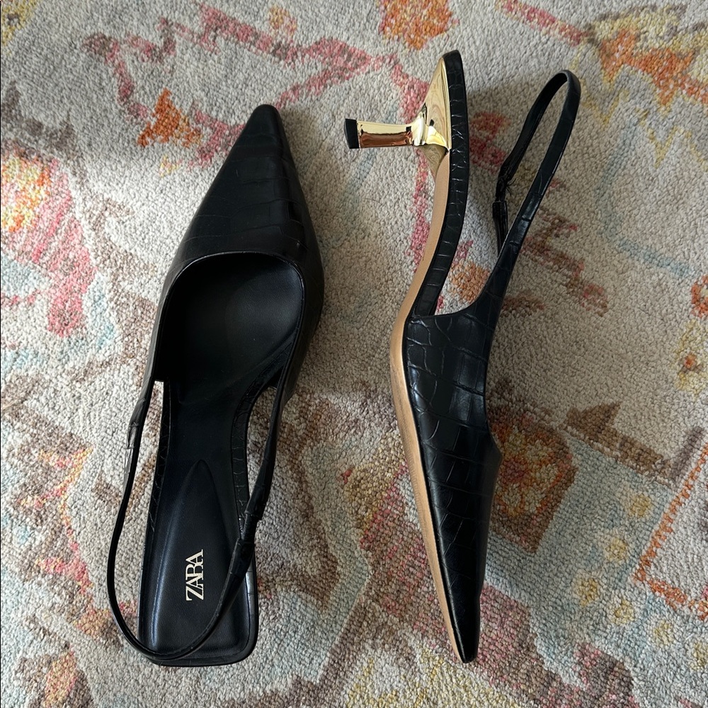 Zara Black Croc-Embossed Slingback Heels with Gold Heel